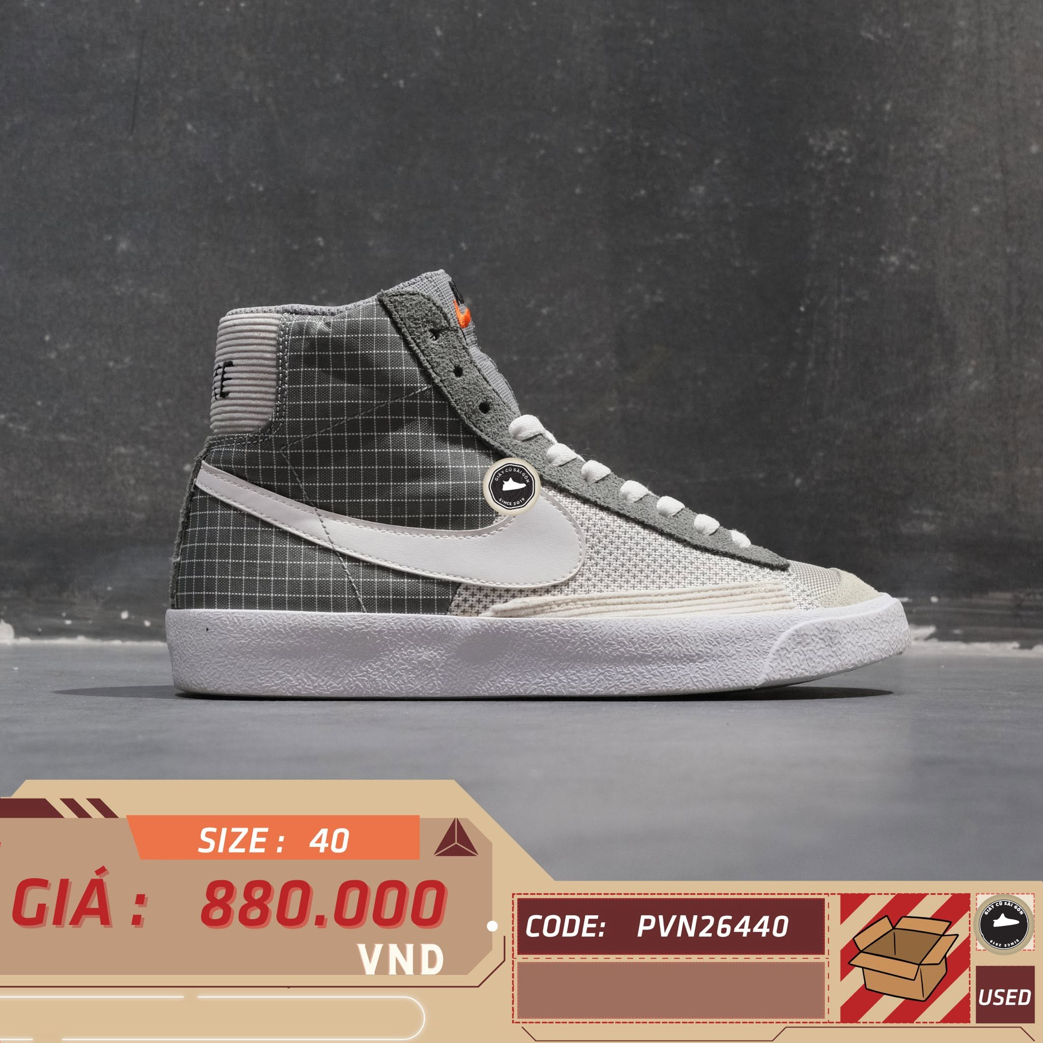 Nike Blazer Mid '77 Patch Smoke Grey White DD1162-001 Cũ Size 40 | Giày Cũ Sài Gòn PVN26440