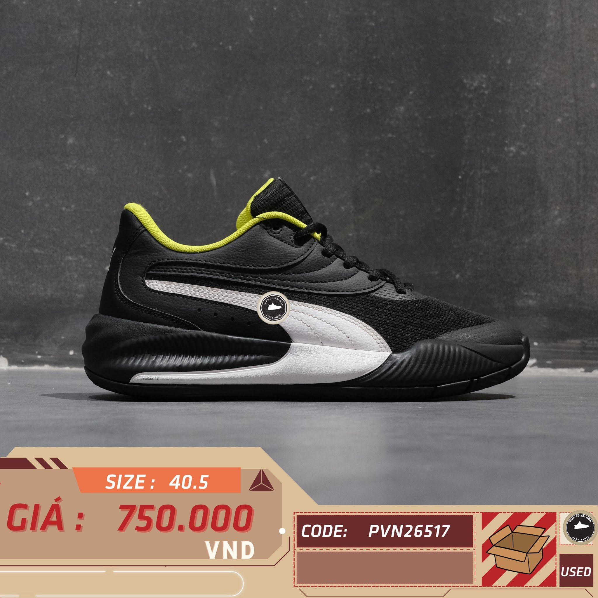 Puma Triple Basketball Shoes Black White Fizzy Lime 195217-08 Cũ Size 40.5 | Giày Cũ Sài Gòn PVN26517