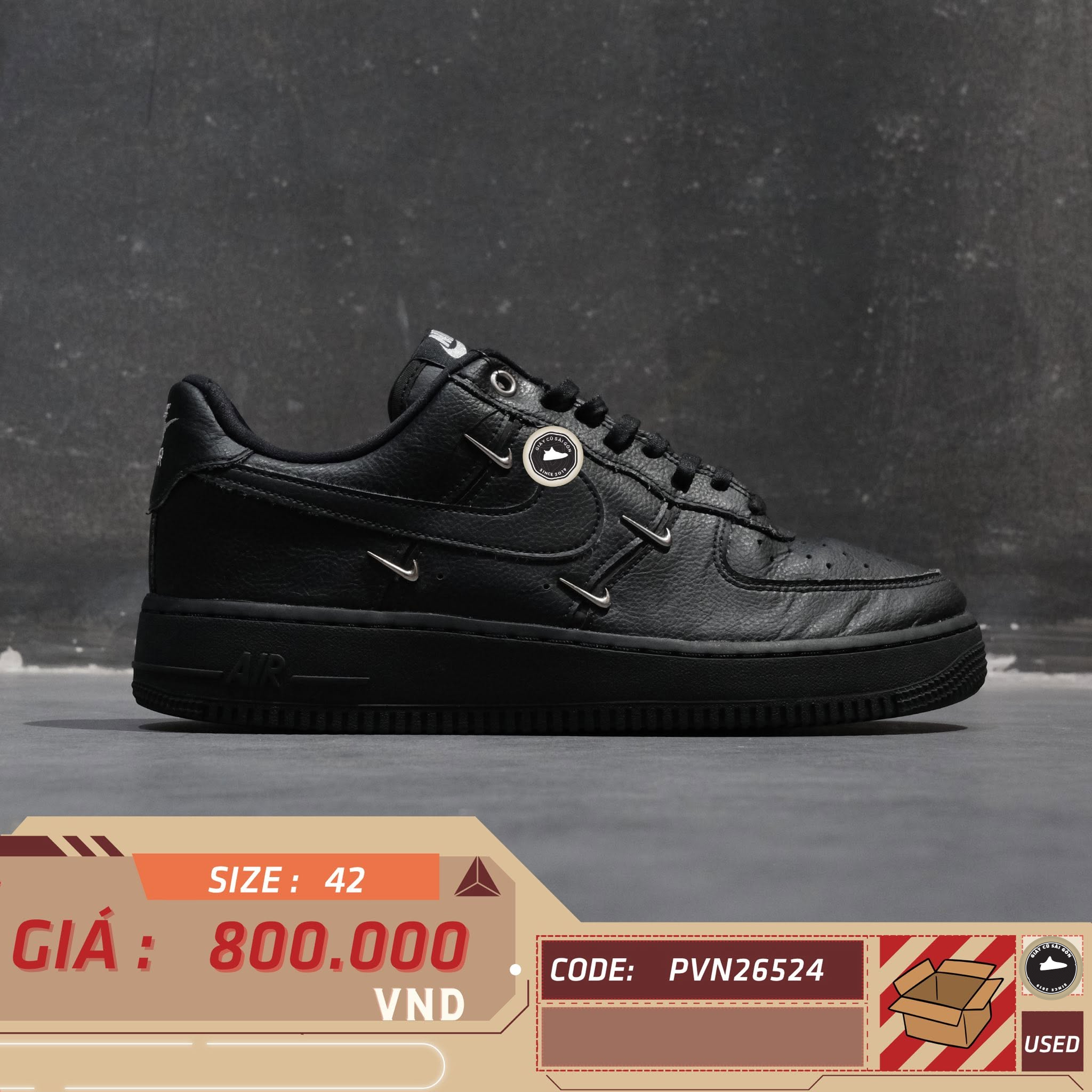Nike Air Force 1 '07 Lx Black Silver Mini Swoosh HQ1180-001 Cũ Size 42 | Giày Cũ Sài Gòn PVN26524
