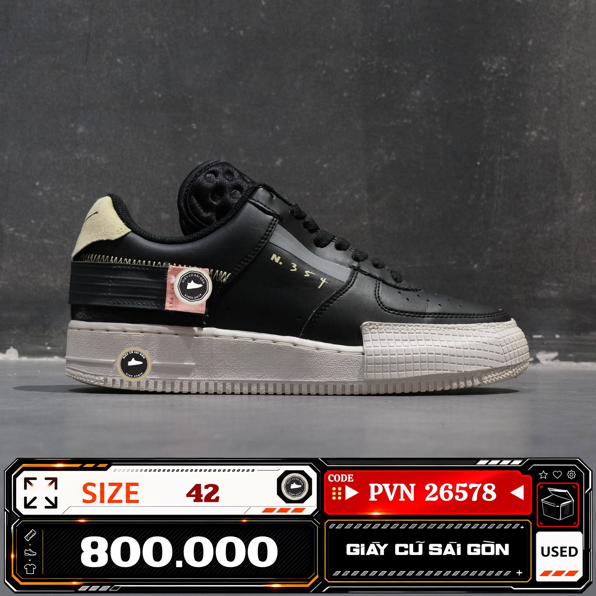 Nike Air Force 1 Type Black Anthracite Zinnia CI0054-001 Cũ Size 42 | Giày Cũ Sài Gòn PVN26578