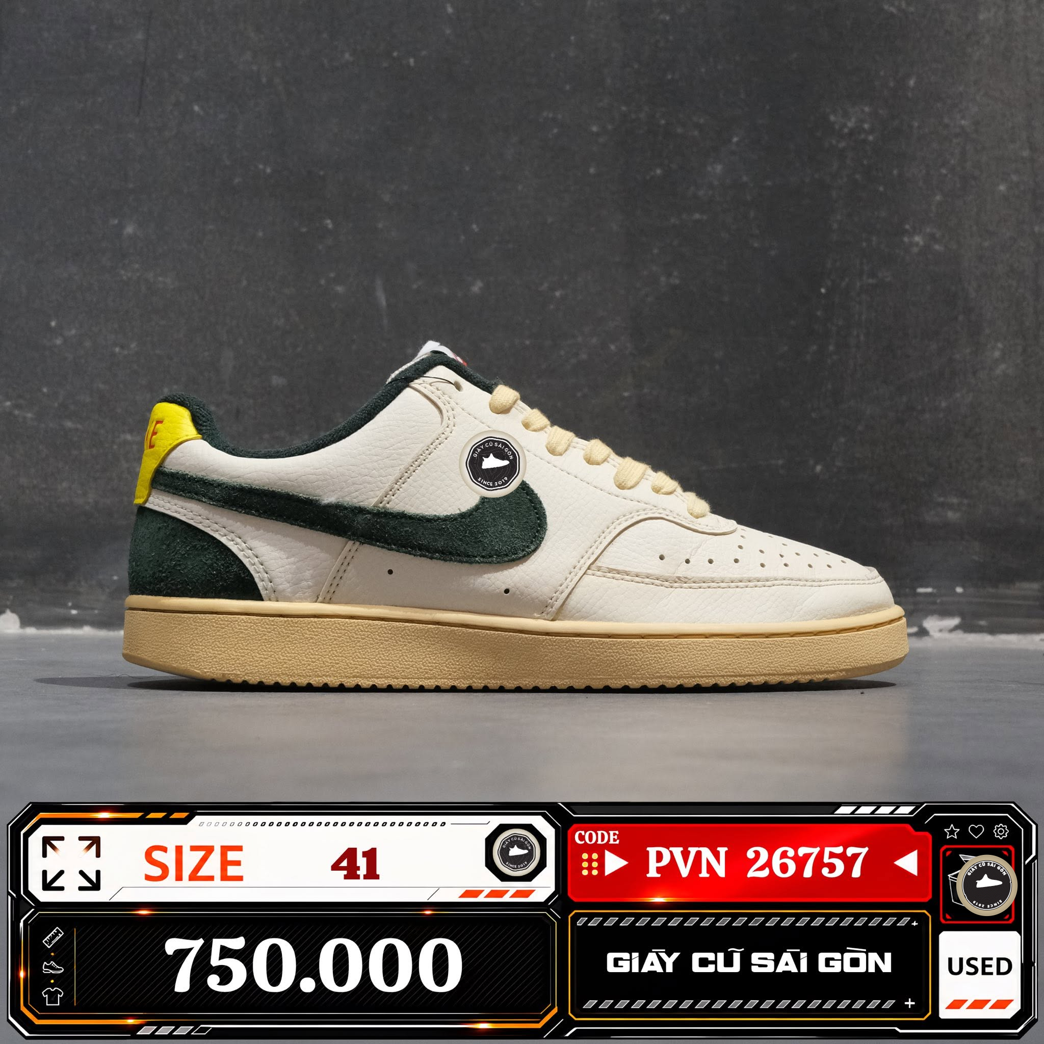 Nike Court Vision Low Sail Pro Green Opti Yellow FD0320-133 Cũ Size 41 | Giày Cũ Sài Gòn PVN26757