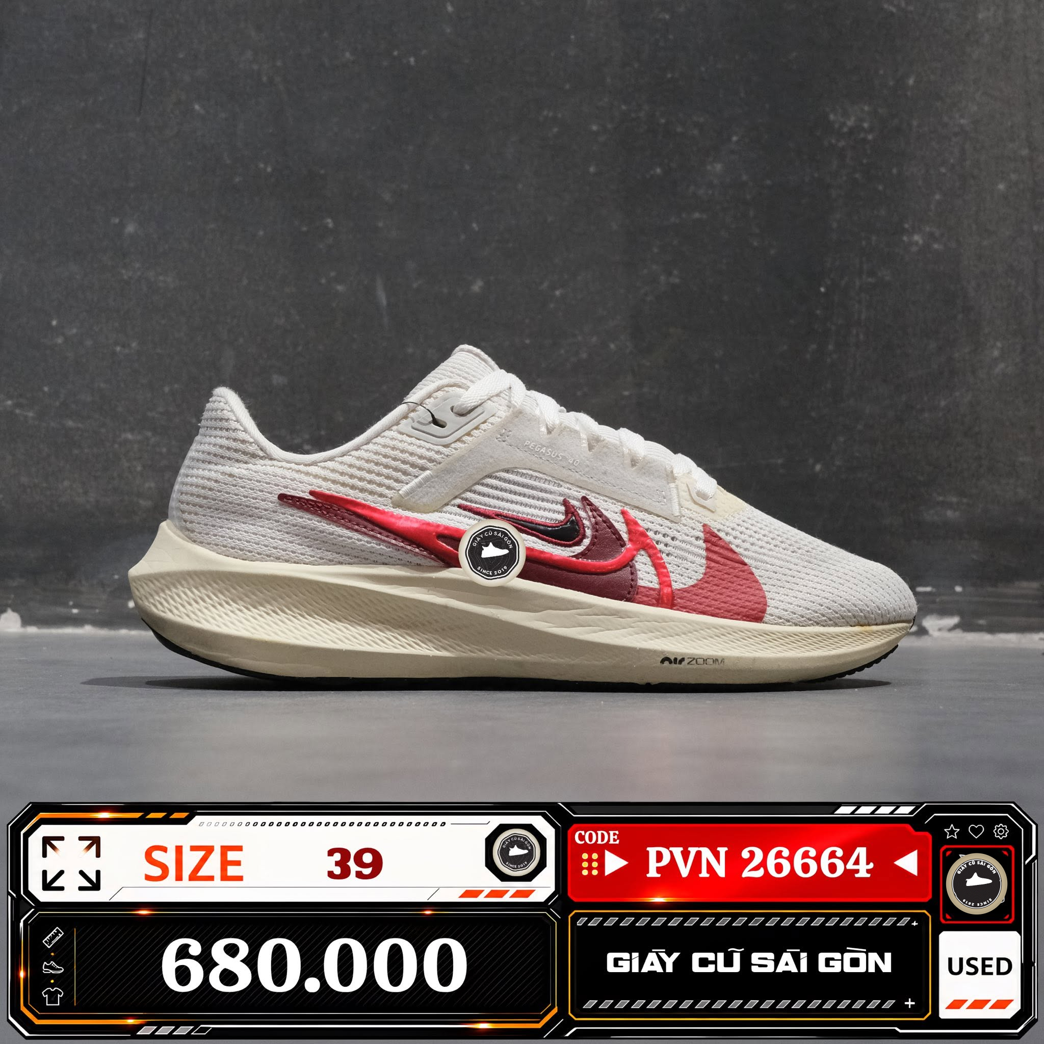 Nike Air Zoom Pegasus 40 White Picante Red FB7703-100 Cũ Size 39 | Giày Cũ Sài Gòn PVN26664