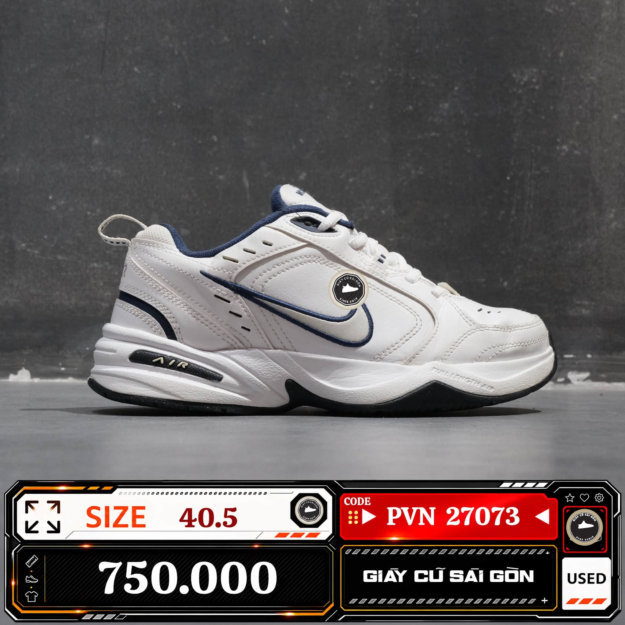 Nike Air Monarch Iv White Midnight Navy Metallic Silver 415445-102 Cũ Size 40.5 | Giày Cũ Sài Gòn | PVN27073