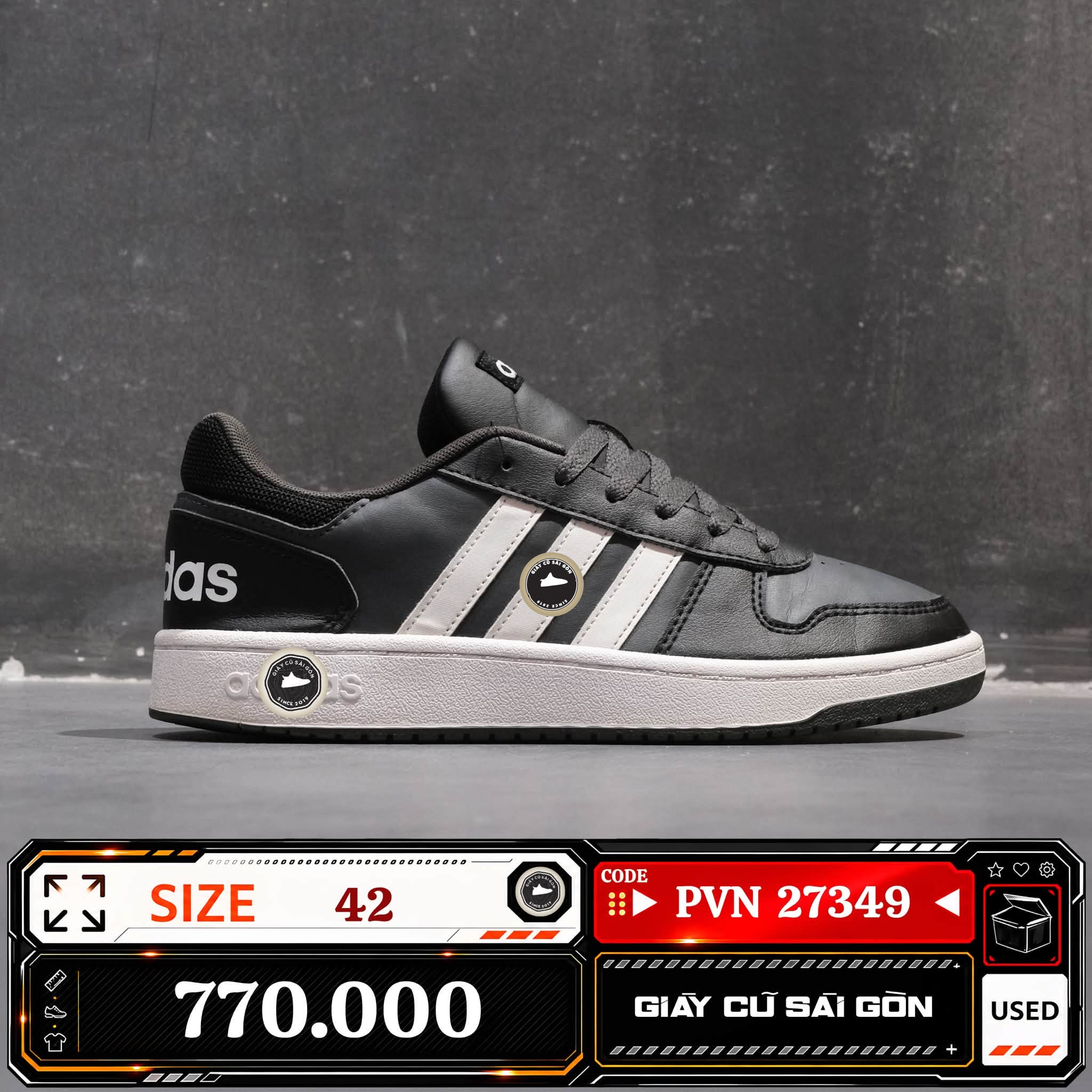 Adidas Hoops 2.0 Core Black Cloud White Grey Six FY8626 Cũ Size 42 | Giày Cũ Sài Gòn | PVN27349