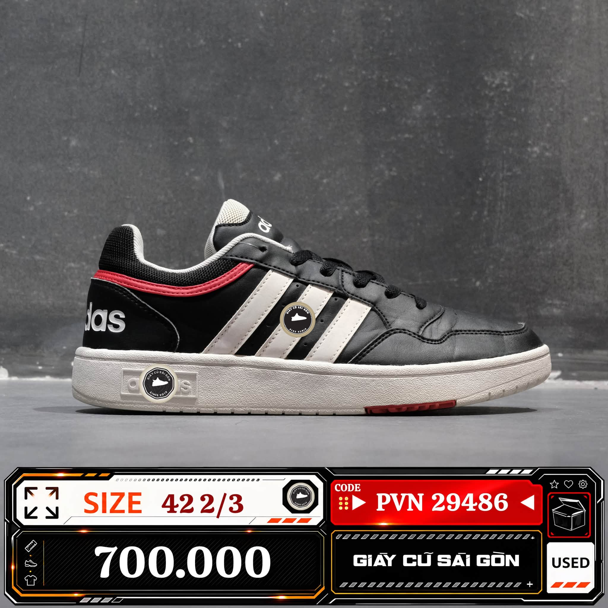 Adidas Hoops 3.0 Low Black White Red | H03778 Cũ Size 42 2/3 | Giày Cũ Sài Gòn | PVN 29486
